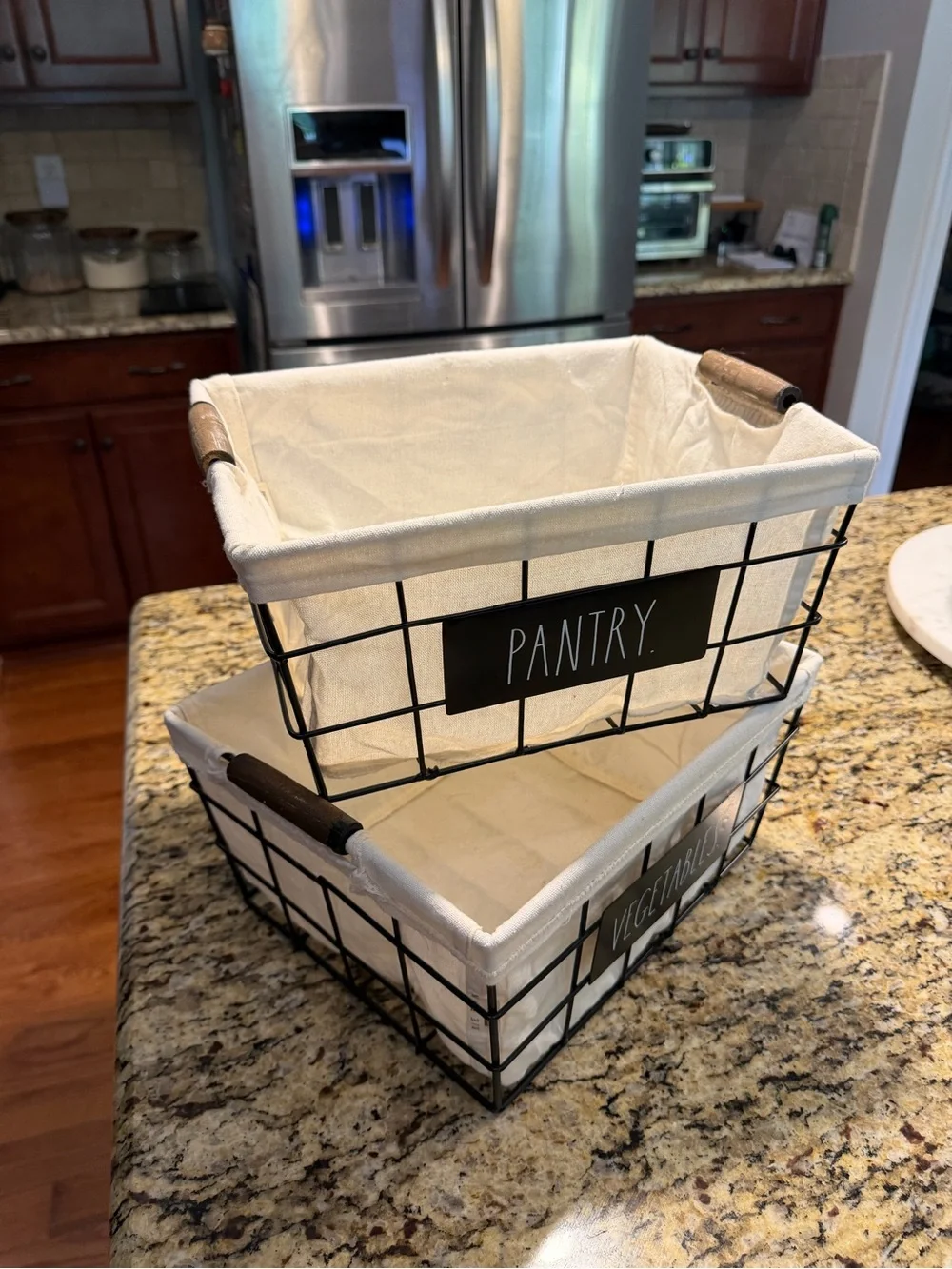 Rae Dunn Cream Fabric Lined Wire Storage Baskets - Pantry & Vegetables - Picture 3 of 7